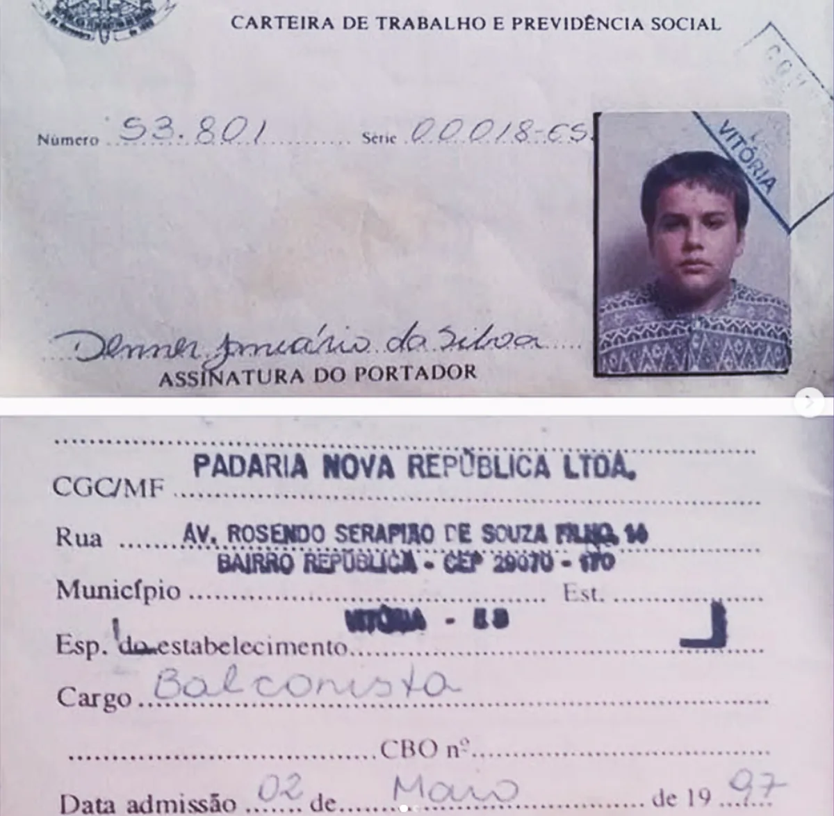 Carteira de trabalho de Denninho — Padaria Nova República, balconista